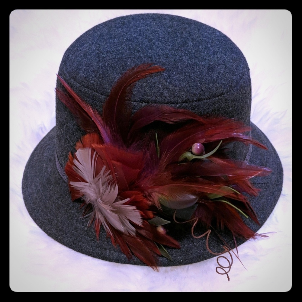 Handmade Grey Fedora with decorative feathers